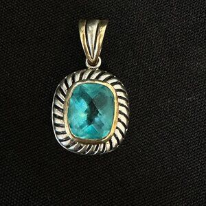 David Yurman Style Blue Topaz Cabochon Silver Gold Pendant